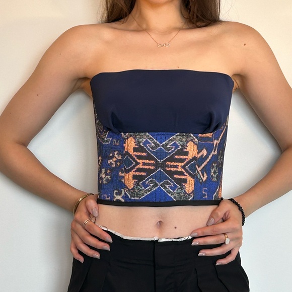 Sapphire Radiance Crop Top - Corset - Navy Blue Vintage Tapestry Handmade - Picture 4 of 4